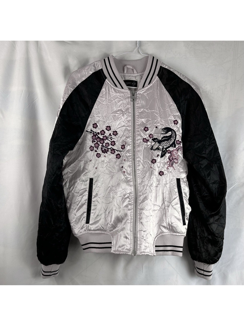Satin Bomber Jacket Embroidered Koifish and Flowers by Top Shop Size US 4 / UK 8